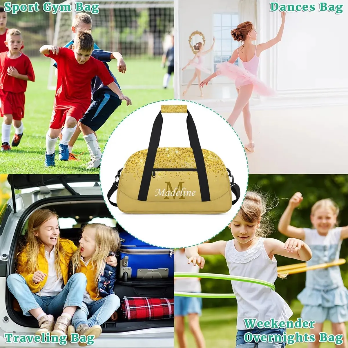 Personalized Kids Sports Duffel Bag with Name Custom Weekender Overnight Bag for Boys Girls Gym Bag Travel Dance Gymnastics Duffel Bag, Gold Glitter