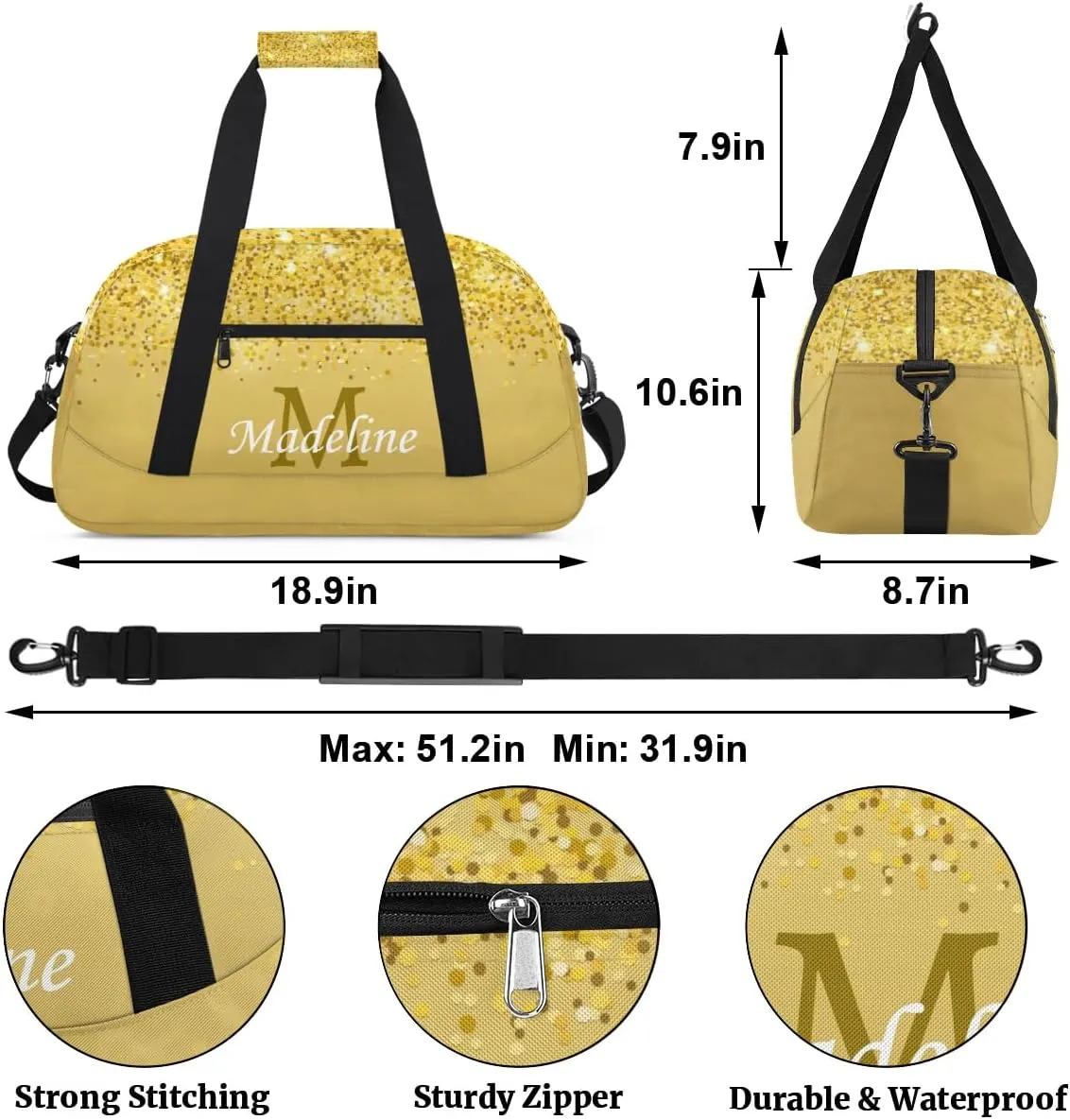 Personalized Kids Sports Duffel Bag with Name Custom Weekender Overnight Bag for Boys Girls Gym Bag Travel Dance Gymnastics Duffel Bag, Gold Glitter