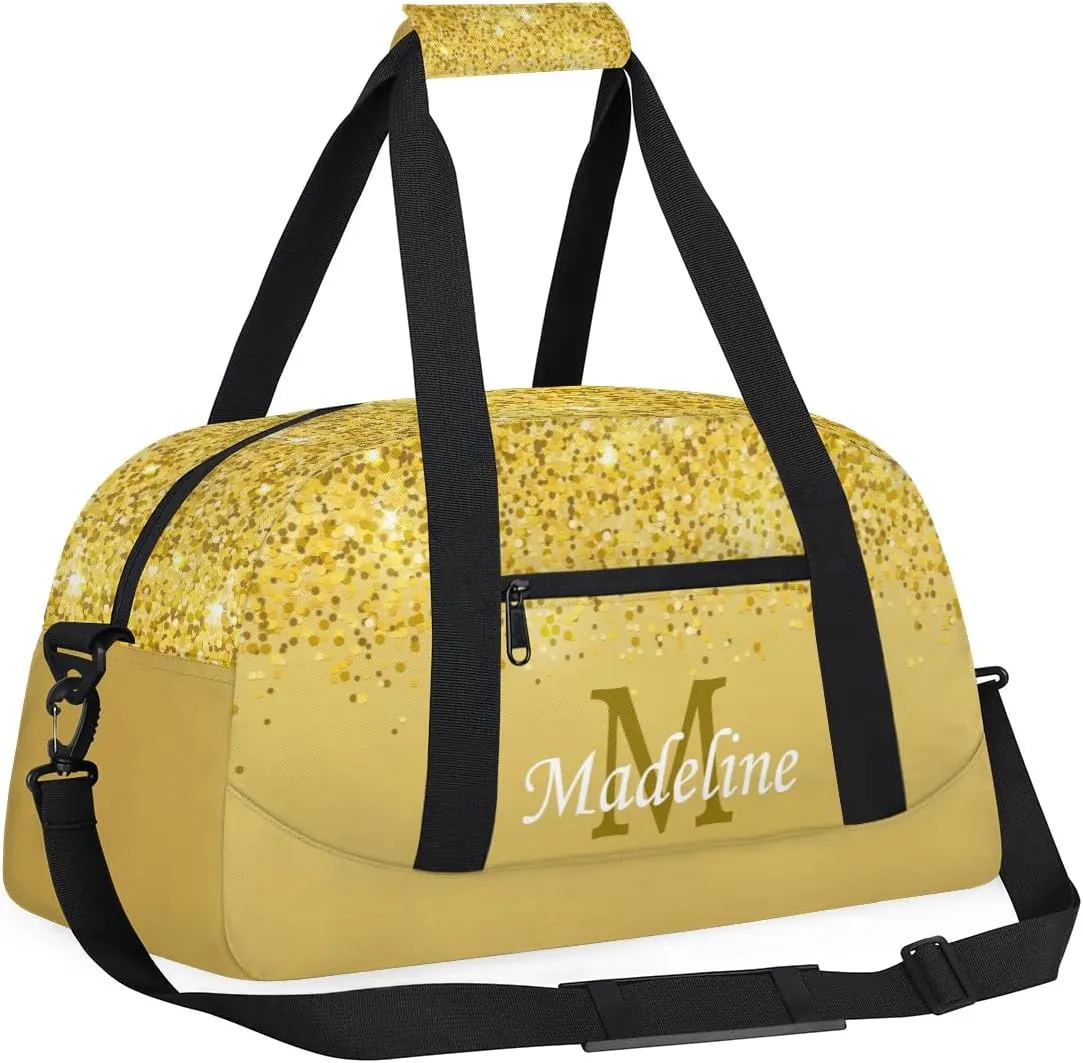Personalized Kids Sports Duffel Bag with Name Custom Weekender Overnight Bag for Boys Girls Gym Bag Travel Dance Gymnastics Duffel Bag, Gold Glitter