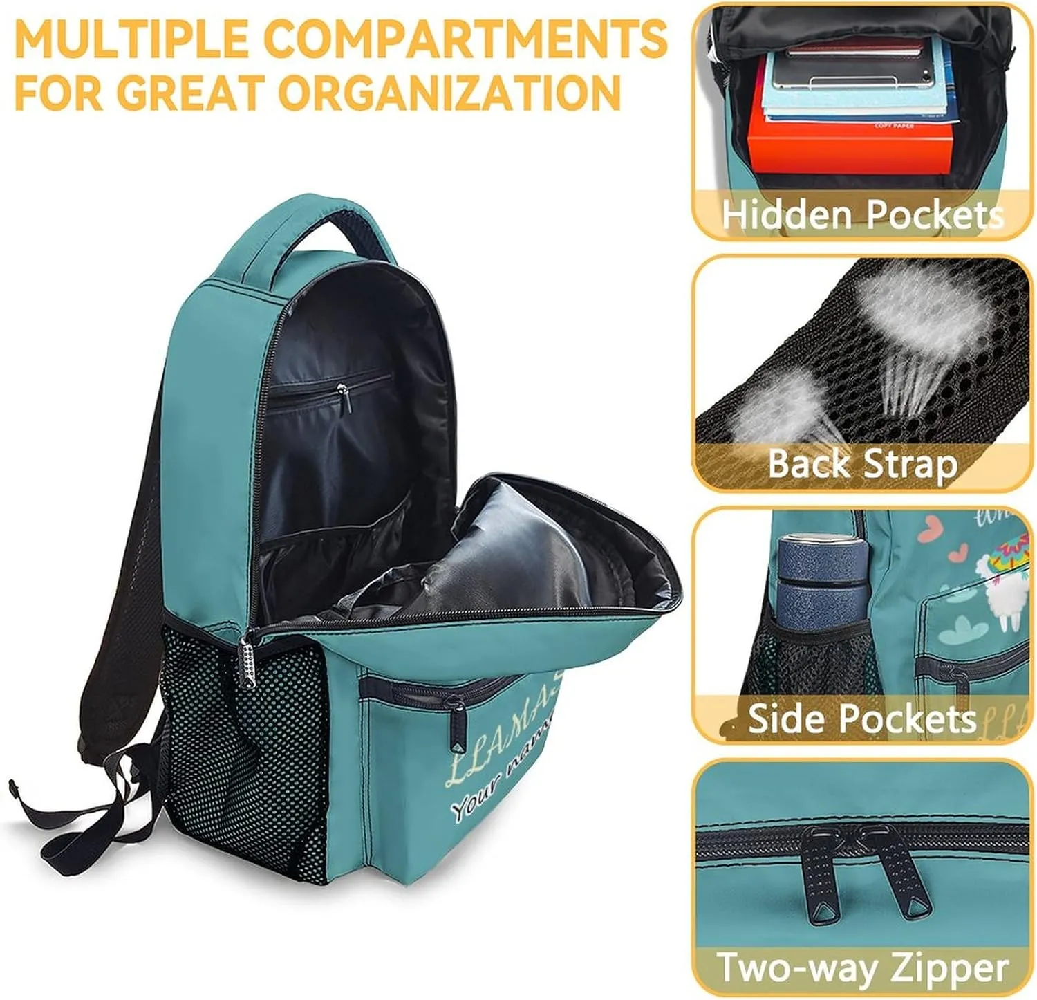 Personalized Llama Backpacks for Girls Boys, 16 Inch Cute Backpack for School, Teal, Large Capacity, Durable, Lightweight Bookbag for Kids Travel