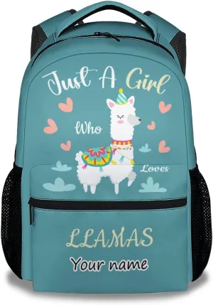 Personalized Llama Backpacks for Girls Boys, 16 Inch Cute Backpack for School, Teal, Large Capacity, Durable, Lightweight Bookbag for Kids Travel