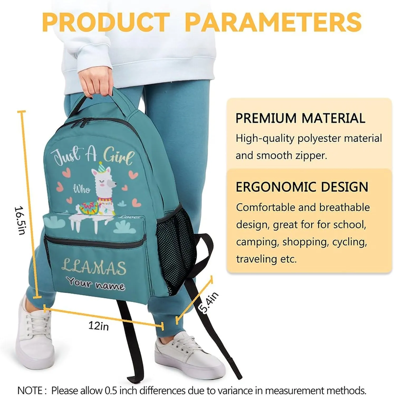 Personalized Llama Backpacks for Girls Boys, 16 Inch Cute Backpack for School, Teal, Large Capacity, Durable, Lightweight Bookbag for Kids Travel