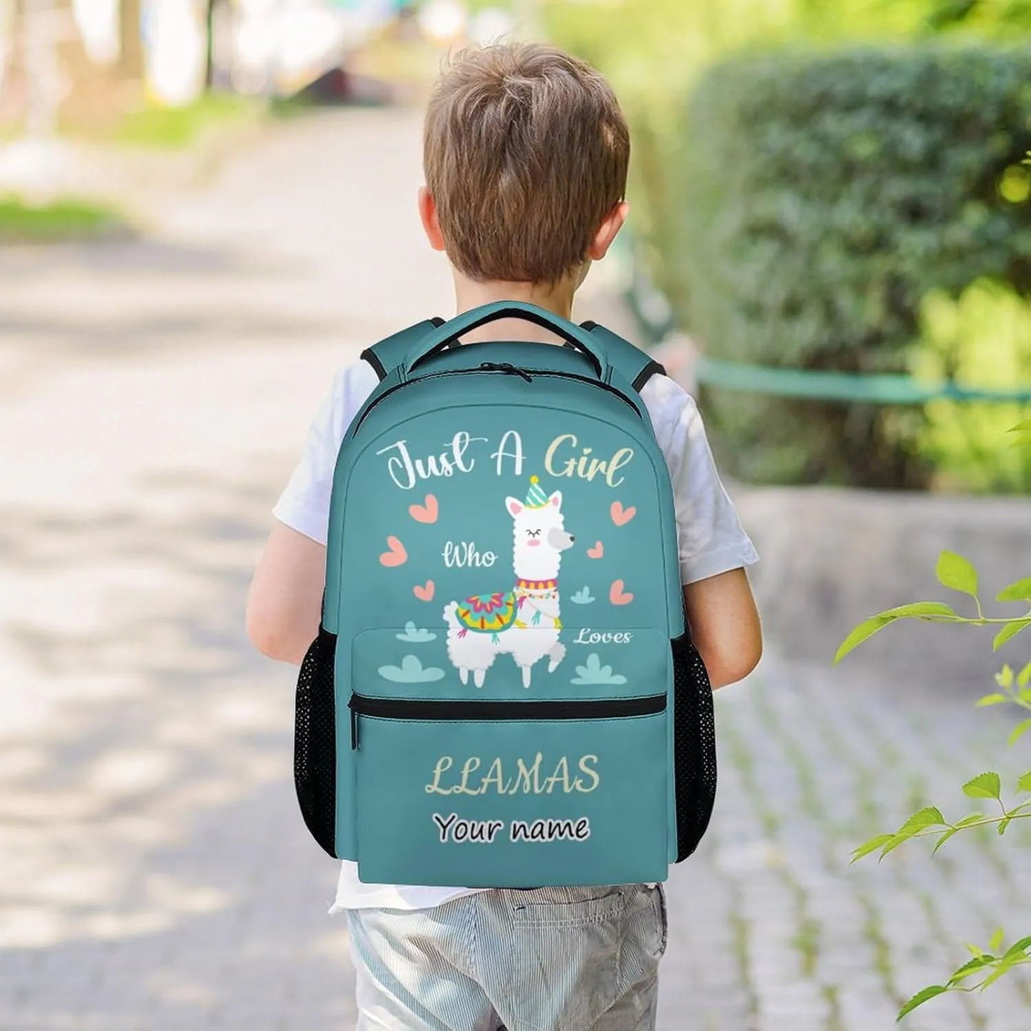 Personalized Llama Backpacks for Girls Boys, 16 Inch Cute Backpack for School, Teal, Large Capacity, Durable, Lightweight Bookbag for Kids Travel