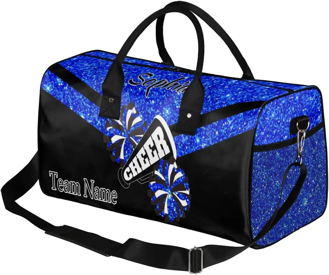 Personalized Name Sports Duffel Bag for Cheerleaders, Cheer Bag for Women, Custom Travel Duffle Bag, Cheerleading Weekender Bag, Gym Bag, Blue Glitter