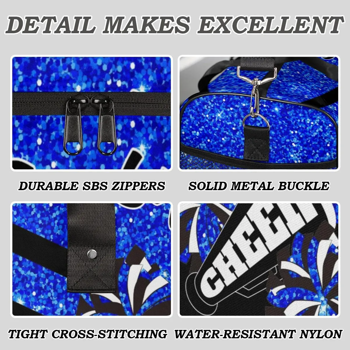 Personalized Name Sports Duffel Bag for Cheerleaders, Cheer Bag for Women, Custom Travel Duffle Bag, Cheerleading Weekender Bag, Gym Bag, Blue Glitter