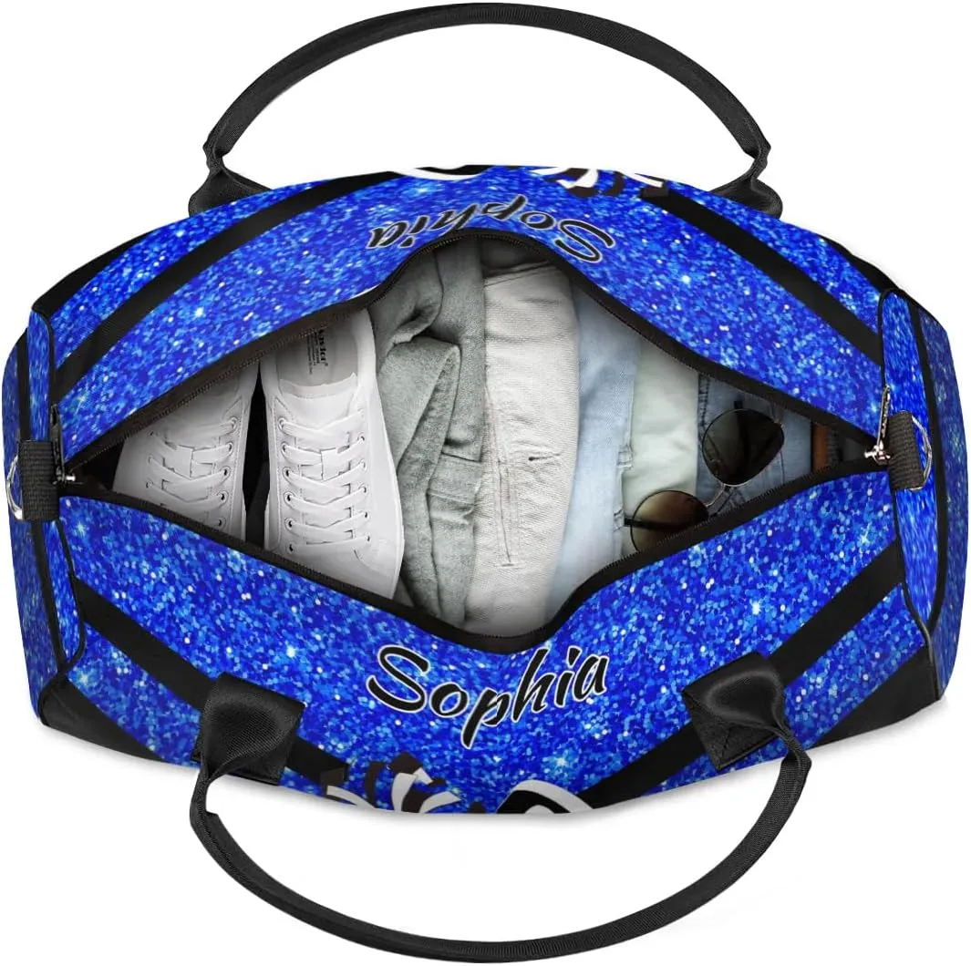 Personalized Name Sports Duffel Bag for Cheerleaders, Cheer Bag for Women, Custom Travel Duffle Bag, Cheerleading Weekender Bag, Gym Bag, Blue Glitter
