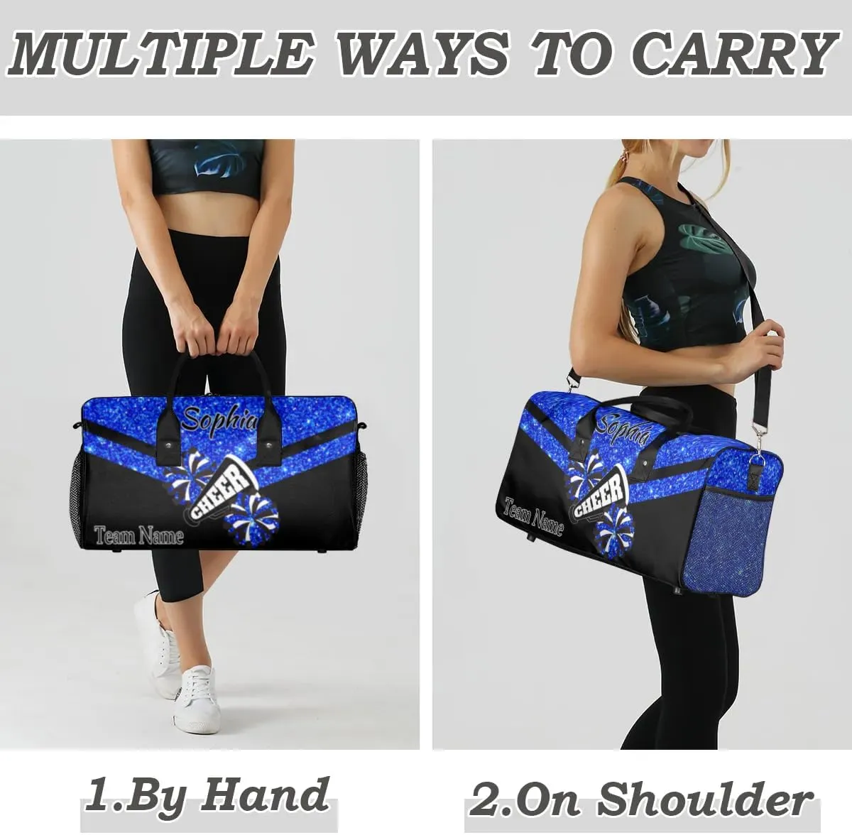 Personalized Name Sports Duffel Bag for Cheerleaders, Cheer Bag for Women, Custom Travel Duffle Bag, Cheerleading Weekender Bag, Gym Bag, Blue Glitter