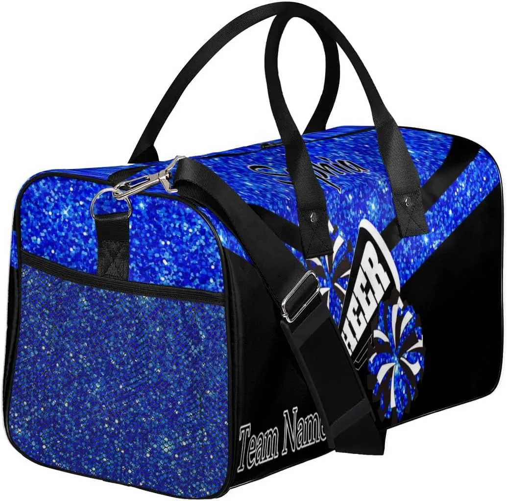 Personalized Name Sports Duffel Bag for Cheerleaders, Cheer Bag for Women, Custom Travel Duffle Bag, Cheerleading Weekender Bag, Gym Bag, Blue Glitter
