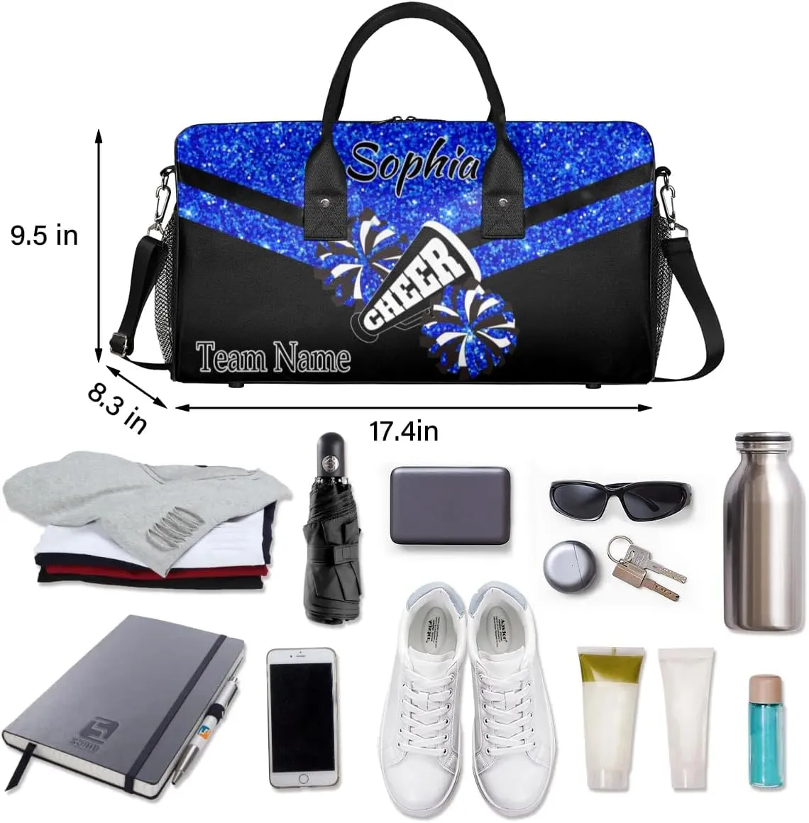 Personalized Name Sports Duffel Bag for Cheerleaders, Cheer Bag for Women, Custom Travel Duffle Bag, Cheerleading Weekender Bag, Gym Bag, Blue Glitter