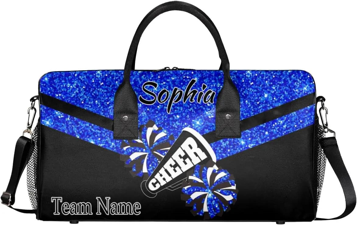 Personalized Name Sports Duffel Bag for Cheerleaders, Cheer Bag for Women, Custom Travel Duffle Bag, Cheerleading Weekender Bag, Gym Bag, Blue Glitter