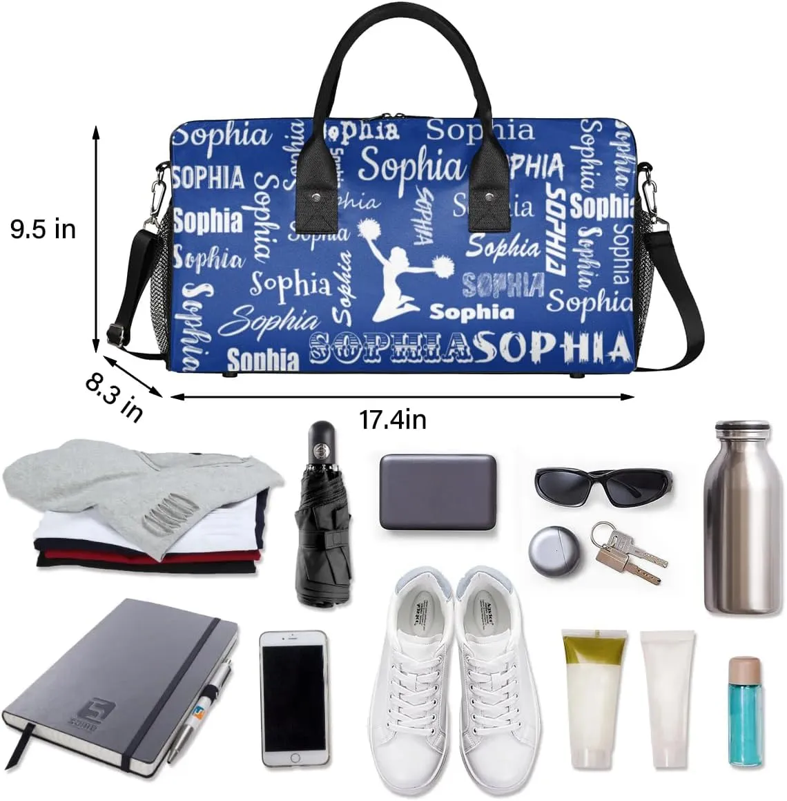 Personalized Travel Duffel Bag for Cheerleader, Custom Cheer Gym Bag Sport Bag, Cheerleading Weekender Overnight Bag for Women Gifts for Birthday Brides, Cobalt Blue