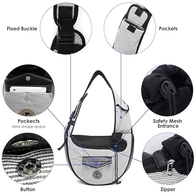 pet sling, small pets puppy dog cat sling carrier bag hands-free with adjustable padded strap front pouch single shoulder bag carrying tote for outdoor walking (grey)