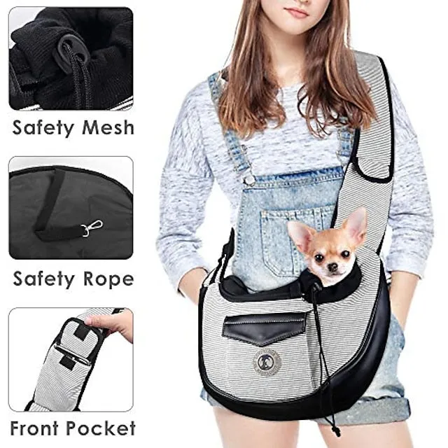 pet sling, small pets puppy dog cat sling carrier bag hands-free with adjustable padded strap front pouch single shoulder bag carrying tote for outdoor walking (grey)