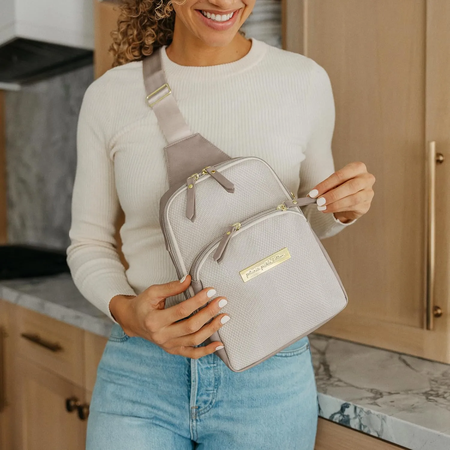 Petunia Pickle Bottom Criss-Cross Sling Bag - Sling Bag for Women and Men - Adjustable Straps to Custom-Fit - Grey Matte Cable Stitch