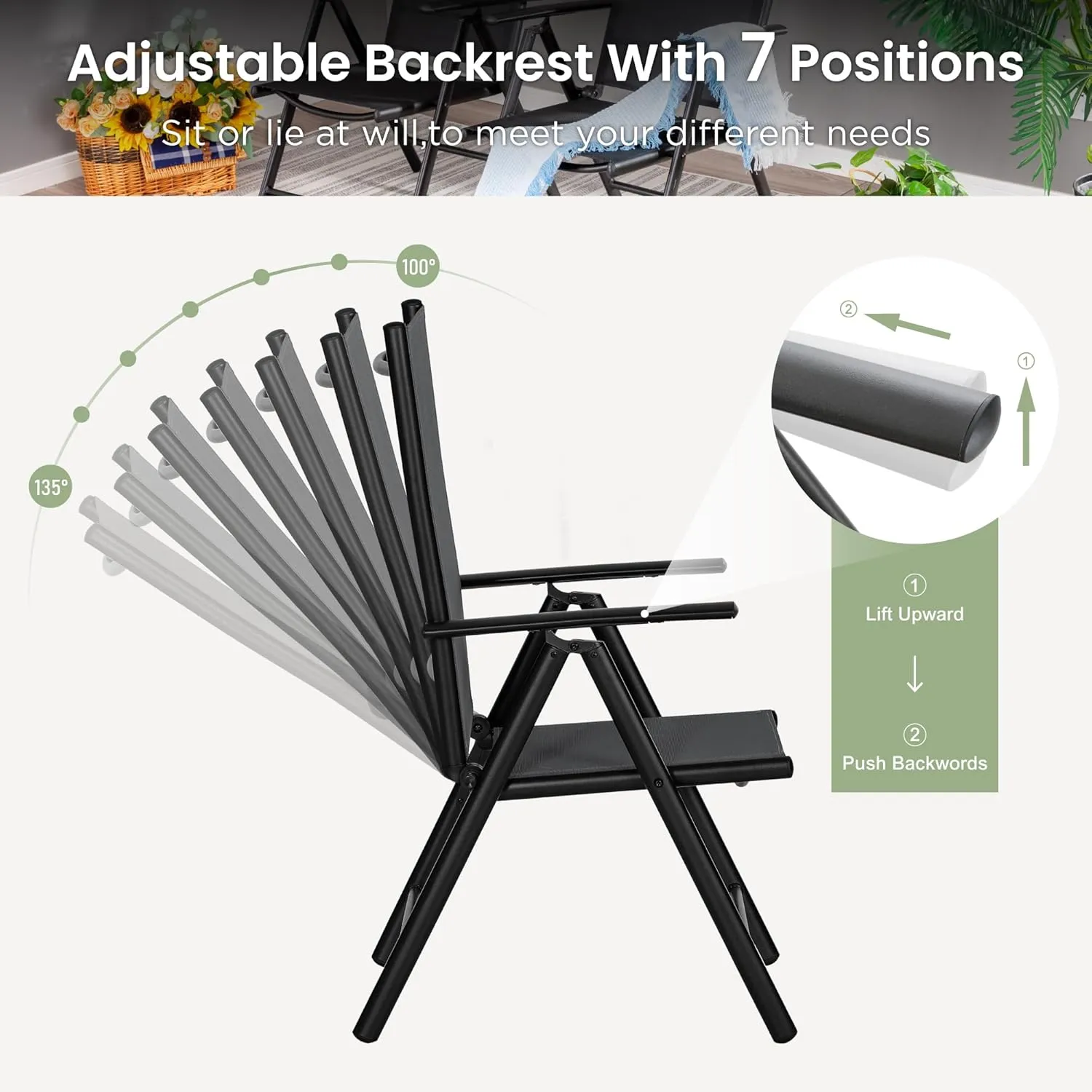 PHI VILLA 7 PCS Patio Dining Set with Umbrella, Outdoor Dining Set with 6 Adjustable Folding Patio Chairs(Black) & Beige Patio Umbrella for Backyard