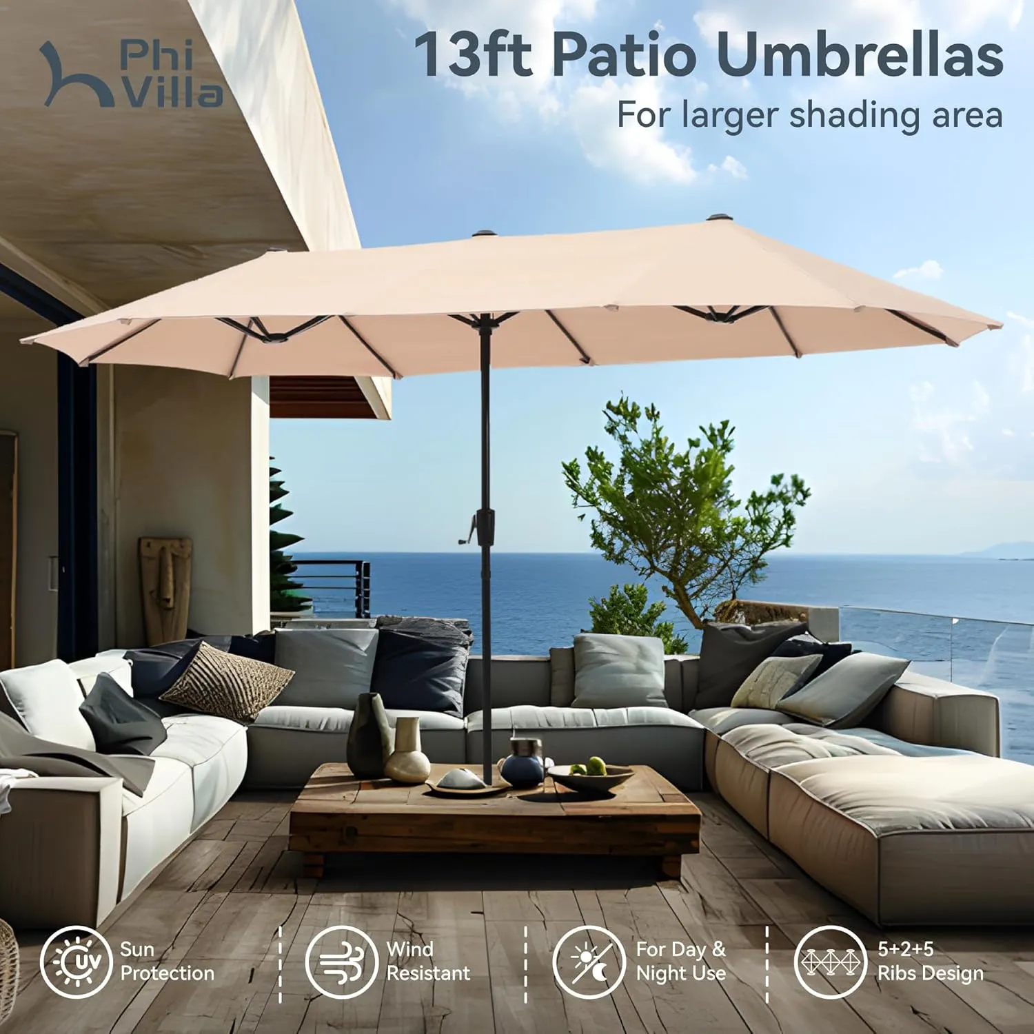 PHI VILLA 7 PCS Patio Dining Set with Umbrella, Outdoor Dining Set with 6 Adjustable Folding Patio Chairs(Black) & Beige Patio Umbrella for Backyard