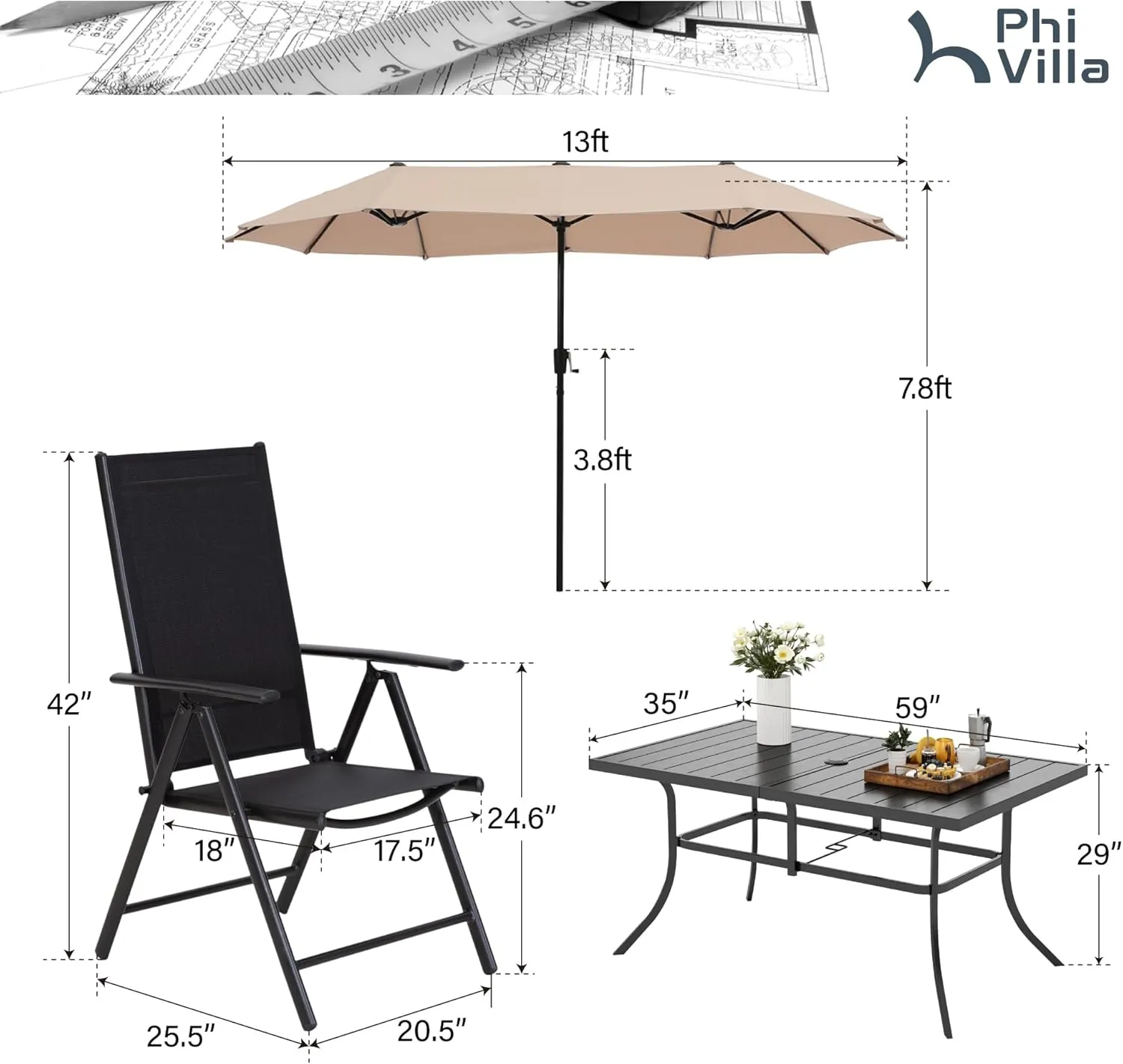 PHI VILLA 7 PCS Patio Dining Set with Umbrella, Outdoor Dining Set with 6 Adjustable Folding Patio Chairs(Black) & Beige Patio Umbrella for Backyard