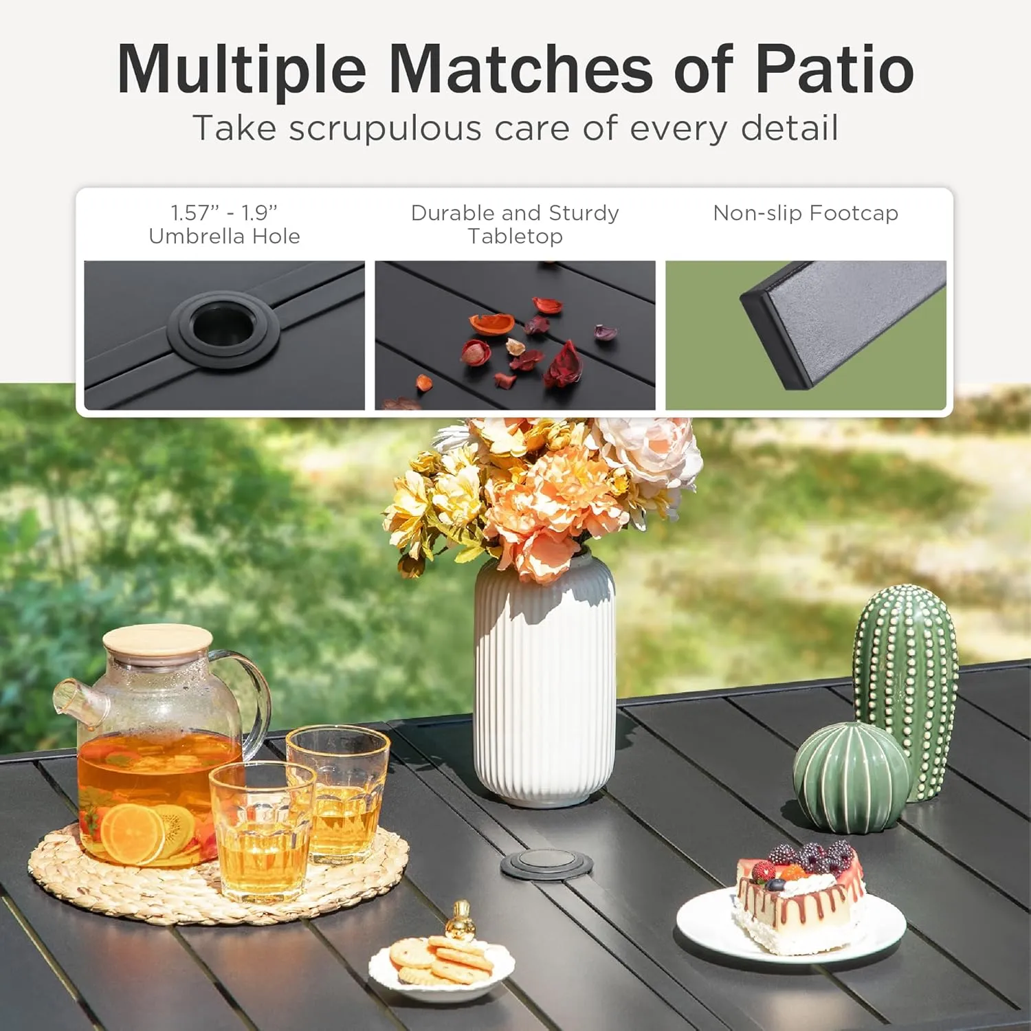 PHI VILLA 7 PCS Patio Dining Set with Umbrella, Outdoor Dining Set with 6 Adjustable Folding Patio Chairs(Black) & Beige Patio Umbrella for Backyard