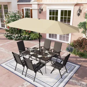 PHI VILLA 7 PCS Patio Dining Set with Umbrella, Outdoor Dining Set with 6 Adjustable Folding Patio Chairs(Black) & Beige Patio Umbrella for Backyard