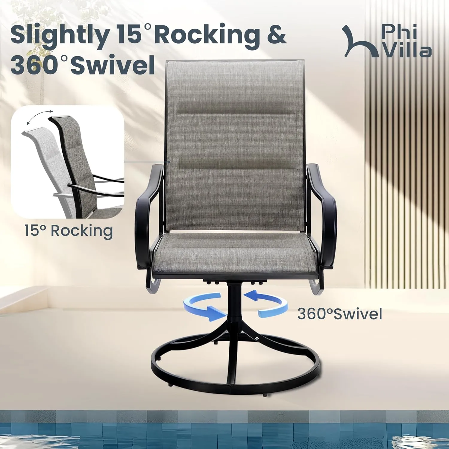 PHI VILLA Outdoor Swivel Patio Dining Chairs Set of 6, All Weather Patio Chair with Padded Textilene & Metal Frame for Outdoor Poolside Lawn Garden, Brown
