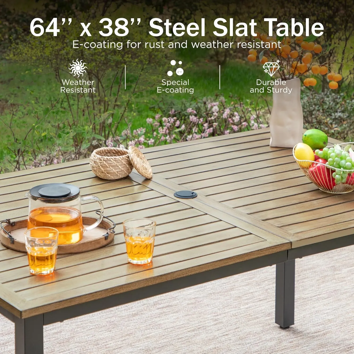 PHI VILLA Patio Dining Set for 6, Padded Textilene Swivel Dining Chairs & Brown Metal Slat Table Top with 1.6" Umbrella Hole, Rustproof Waterproof for All Weather,Outdoor Dining Set for Garden Yard