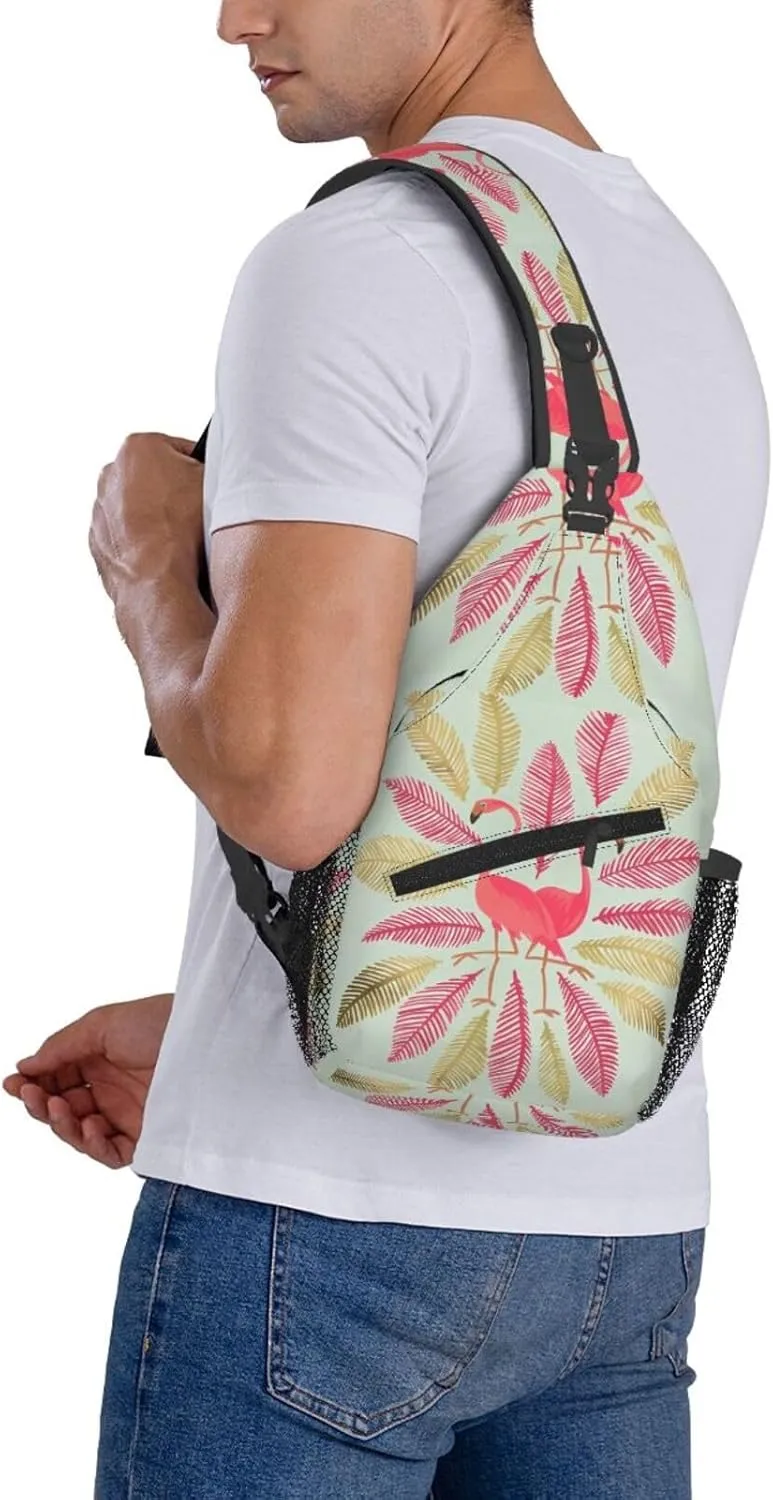 Pink & Gold Flamingos Chest Sling Bag Crossbody Shoulder Backpack Bag Gym Cycling Travel Hiking Daypack Cross Bag