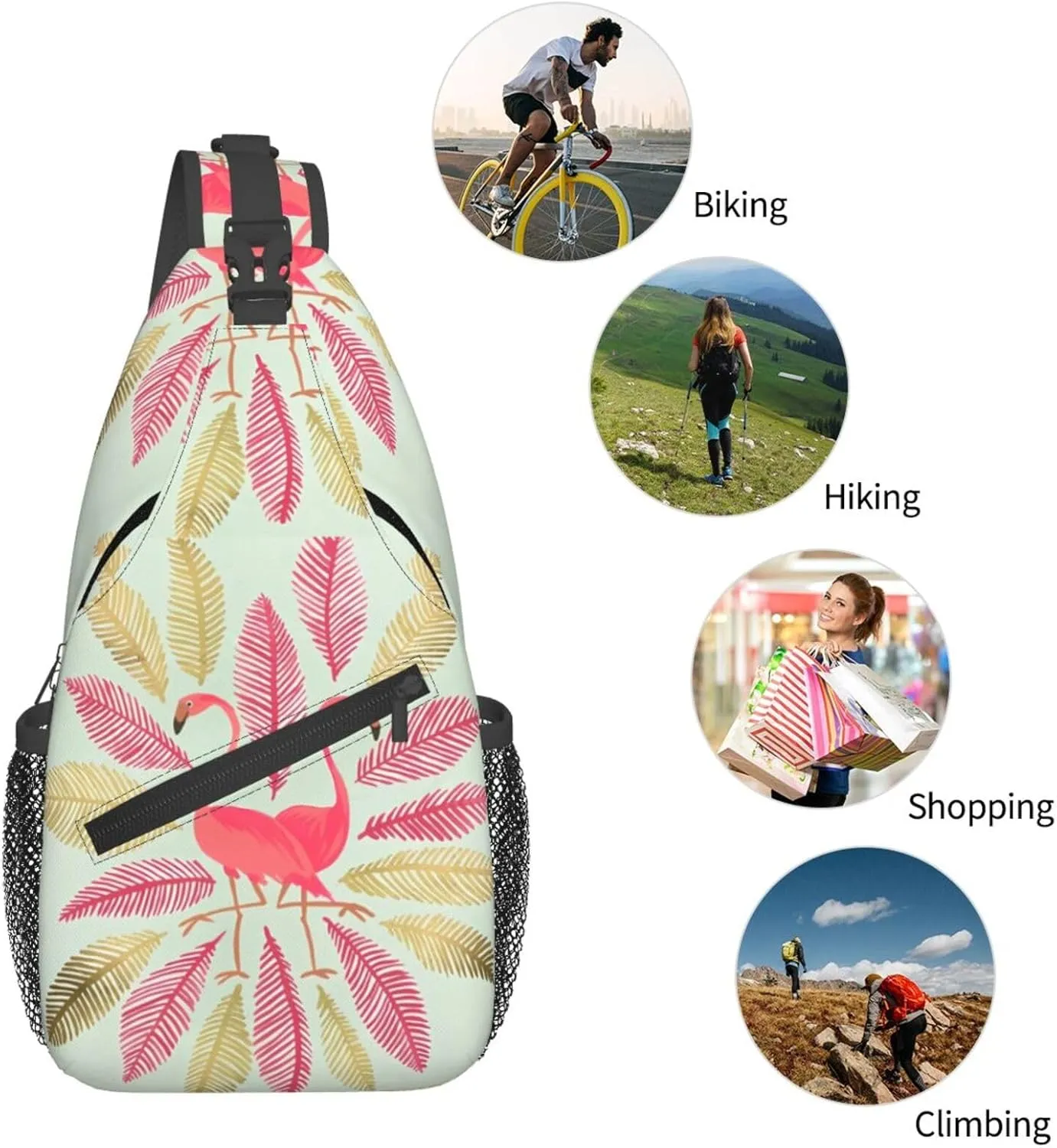 Pink & Gold Flamingos Chest Sling Bag Crossbody Shoulder Backpack Bag Gym Cycling Travel Hiking Daypack Cross Bag