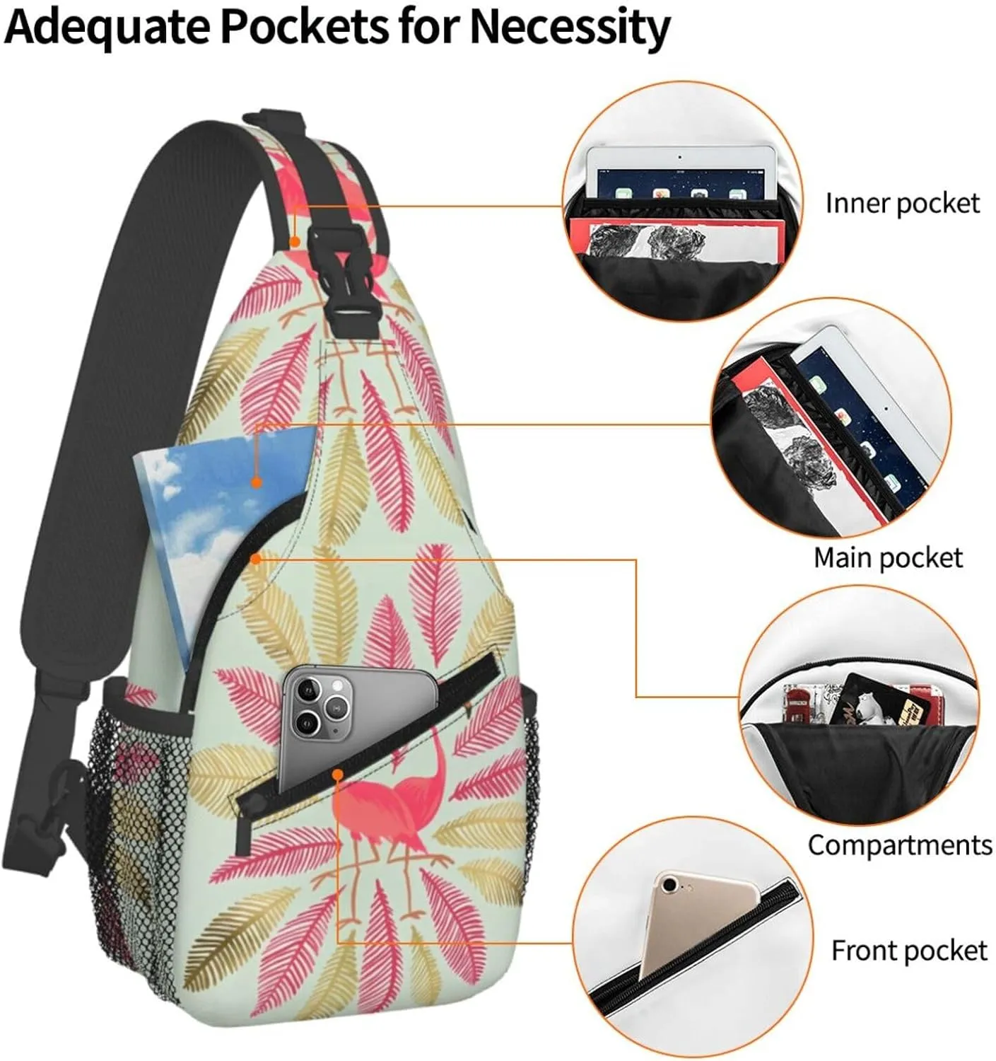 Pink & Gold Flamingos Chest Sling Bag Crossbody Shoulder Backpack Bag Gym Cycling Travel Hiking Daypack Cross Bag