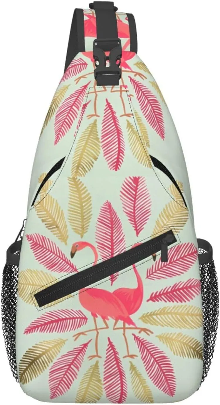 Pink & Gold Flamingos Chest Sling Bag Crossbody Shoulder Backpack Bag Gym Cycling Travel Hiking Daypack Cross Bag