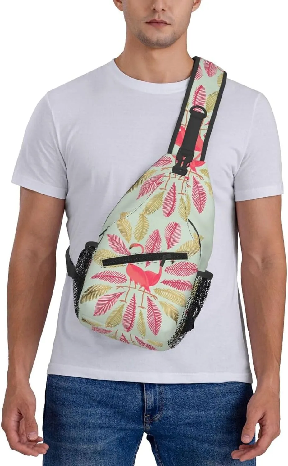 Pink & Gold Flamingos Chest Sling Bag Crossbody Shoulder Backpack Bag Gym Cycling Travel Hiking Daypack Cross Bag