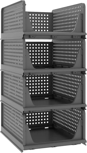 Pinkpum 4 Pack Folding Closet Organizers Storage Box, Stackable Plastic Drawer Basket for Clothing, Stackable Storage Bins Shelf Storage Container for Closet Wardrobe Bedroom Bathroom Office (Black)
