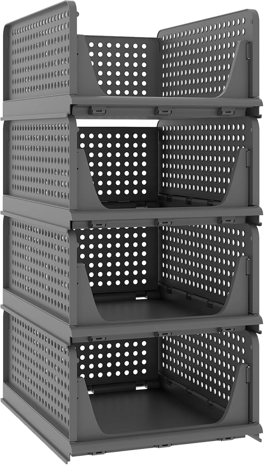 Pinkpum 4 Pack Folding Closet Organizers Storage Box, Stackable Plastic Drawer Basket for Clothing, Stackable Storage Bins Shelf Storage Container for Closet Wardrobe Bedroom Bathroom Office (Black)