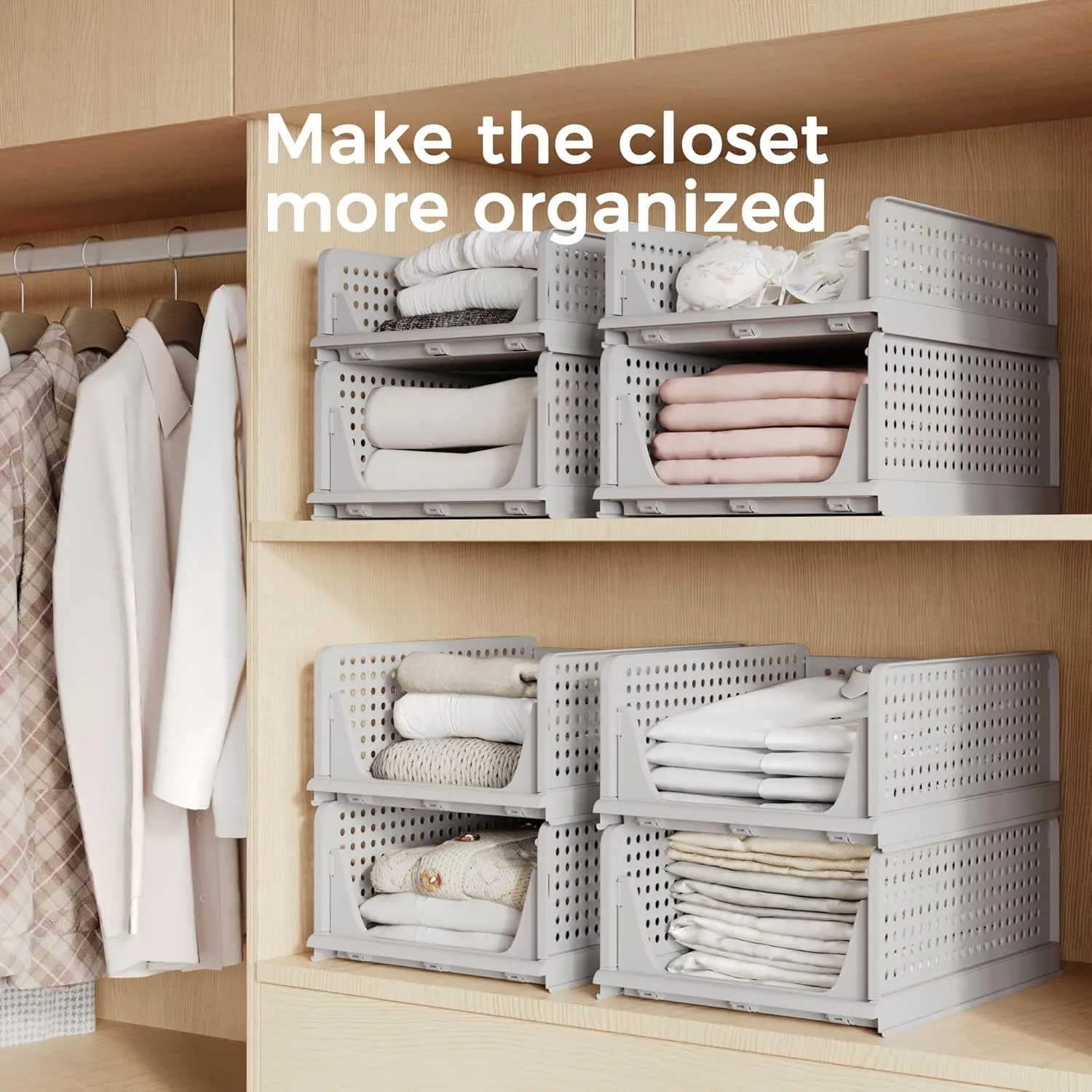 Pinkpum 4 Pack Folding Closet Organizers Storage Box, Stackable Plastic Drawer Basket for Clothing, Stackable Storage Bins Shelf Storage Container for Closet Wardrobe Bedroom Bathroom Office (Grey)