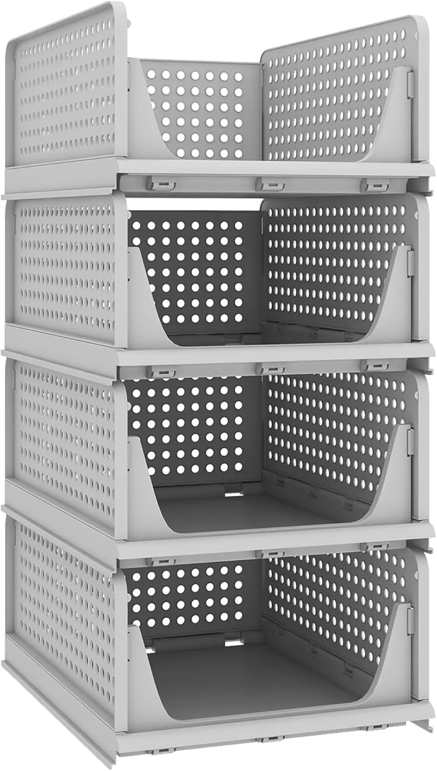 Pinkpum 4 Pack Folding Closet Organizers Storage Box, Stackable Plastic Drawer Basket for Clothing, Stackable Storage Bins Shelf Storage Container for Closet Wardrobe Bedroom Bathroom Office (Grey)