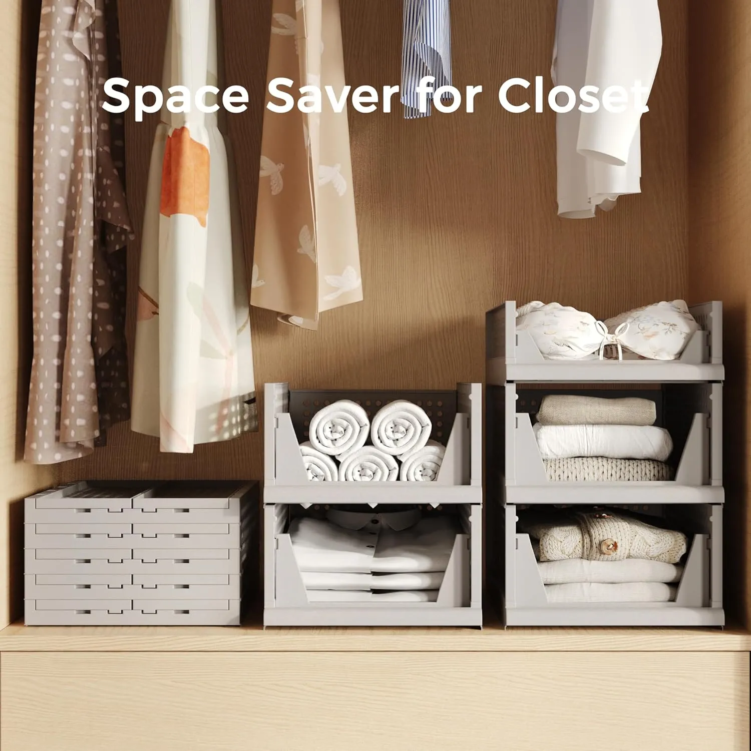 Pinkpum 4 Pack Folding Closet Organizers Storage Box, Stackable Plastic Drawer Basket for Clothing, Stackable Storage Bins Shelf Storage Container for Closet Wardrobe Bedroom Bathroom Office (Grey)