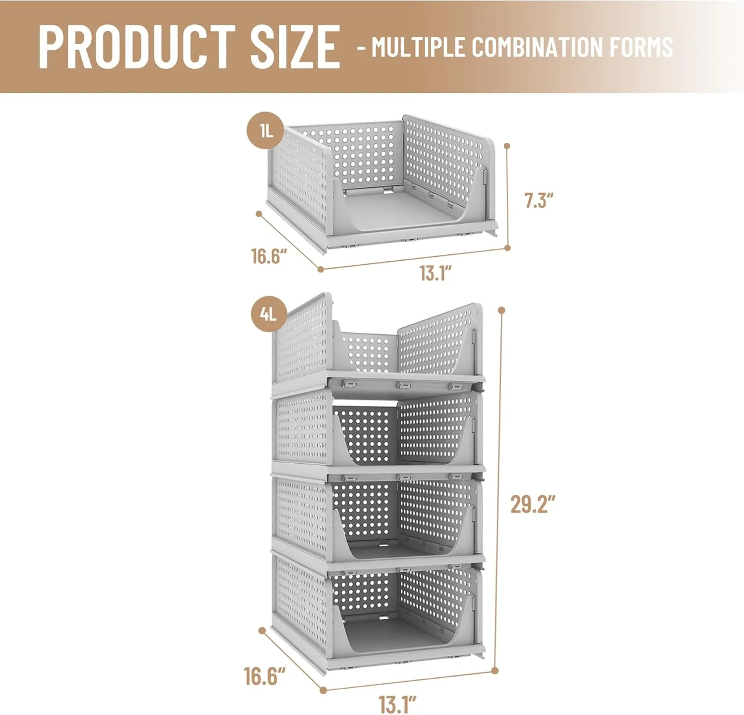 Pinkpum 4 Pack Folding Closet Organizers Storage Box, Stackable Plastic Drawer Basket for Clothing, Stackable Storage Bins Shelf Storage Container for Closet Wardrobe Bedroom Bathroom Office (Grey)