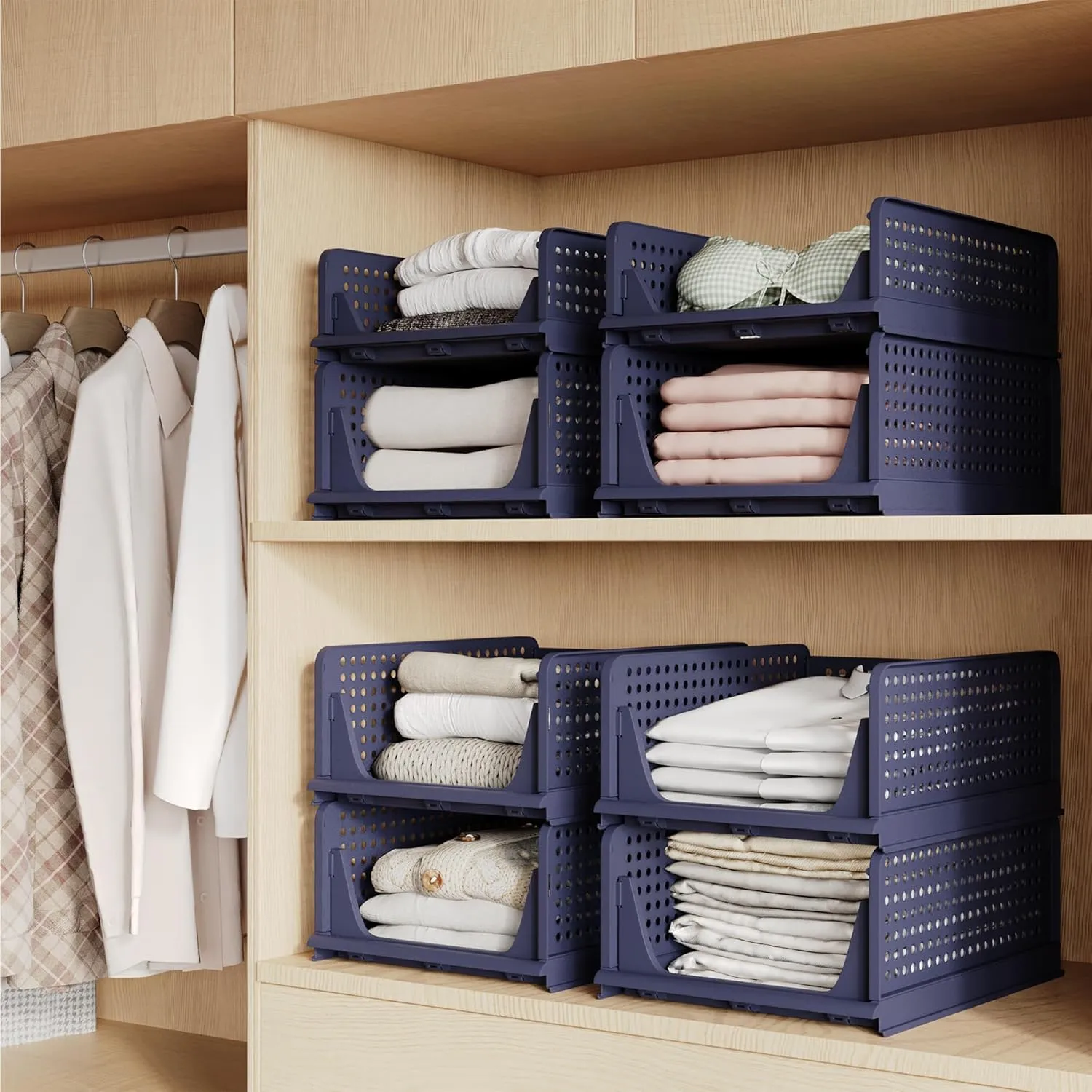 Pinkpum Stackable Plastic Storage Basket, Foldable Closet Organizers and Storage Bins 4 Pack Drawer Shelf Storage Container for Wardrobe Kitchen Bathroom Office Dorm Navy Blue