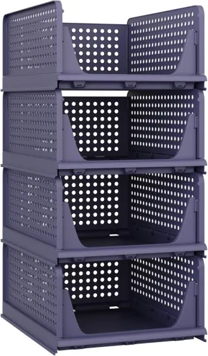 Pinkpum Stackable Plastic Storage Basket, Foldable Closet Organizers and Storage Bins 4 Pack Drawer Shelf Storage Container for Wardrobe Kitchen Bathroom Office Dorm Navy Blue