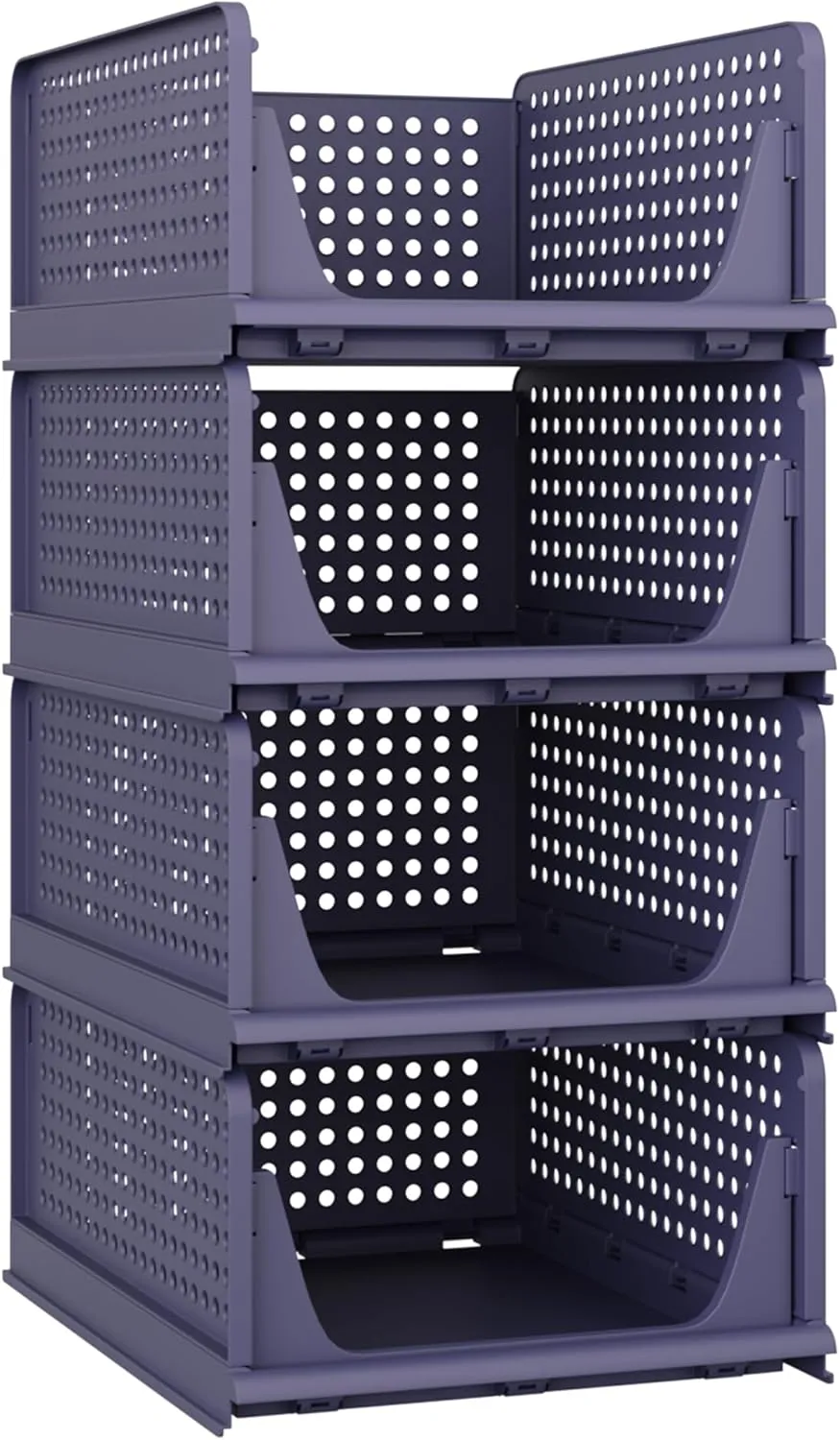 Pinkpum Stackable Plastic Storage Basket, Foldable Closet Organizers and Storage Bins 4 Pack Drawer Shelf Storage Container for Wardrobe Kitchen Bathroom Office Dorm Navy Blue