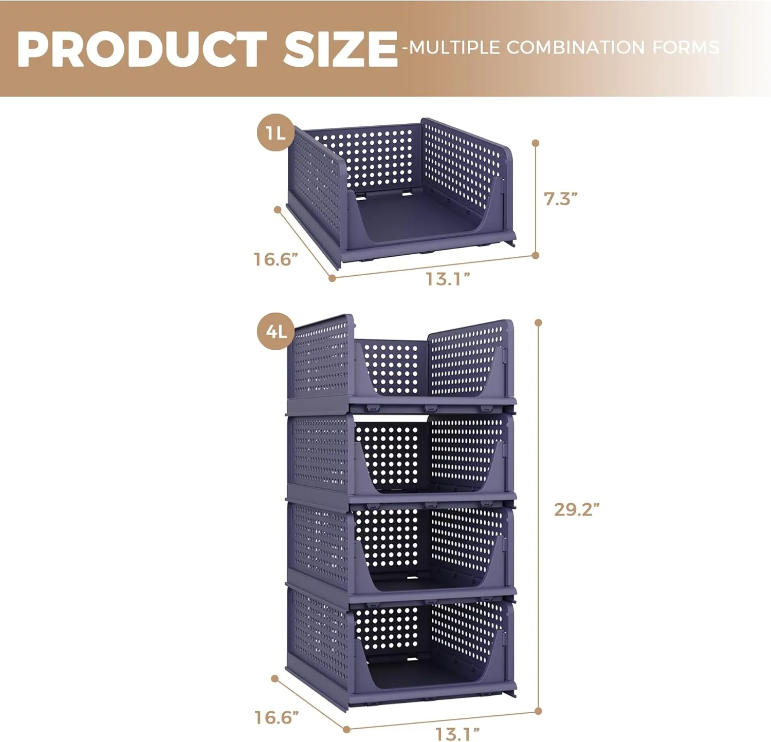 Pinkpum Stackable Plastic Storage Basket, Foldable Closet Organizers and Storage Bins 4 Pack Drawer Shelf Storage Container for Wardrobe Kitchen Bathroom Office Dorm Navy Blue