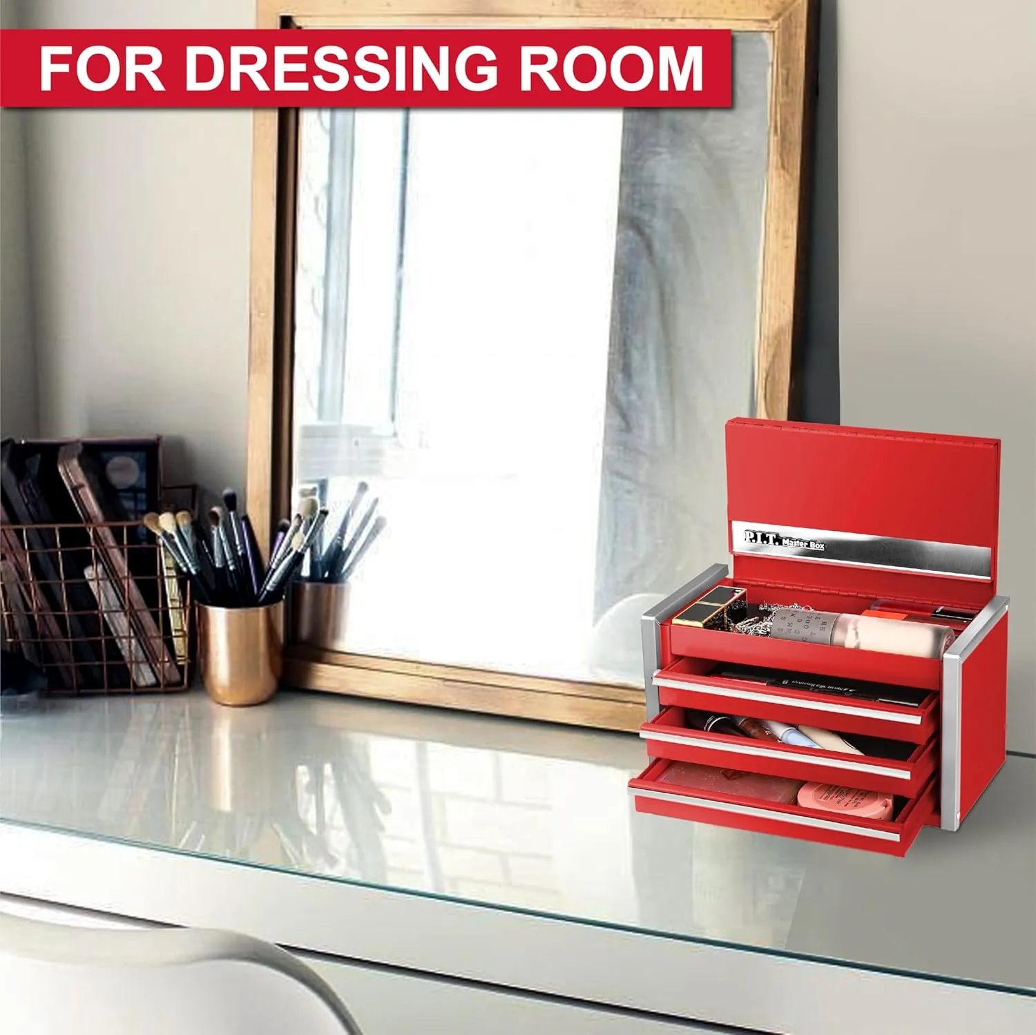 P.I.T. Mini Red Tool Box, Portable 3 Drawer Steel Stackable Tool Box with Magnetic Tab Locking, Red Micro Top Chest with Liner for Tools Storage and Organizers, Home DIY