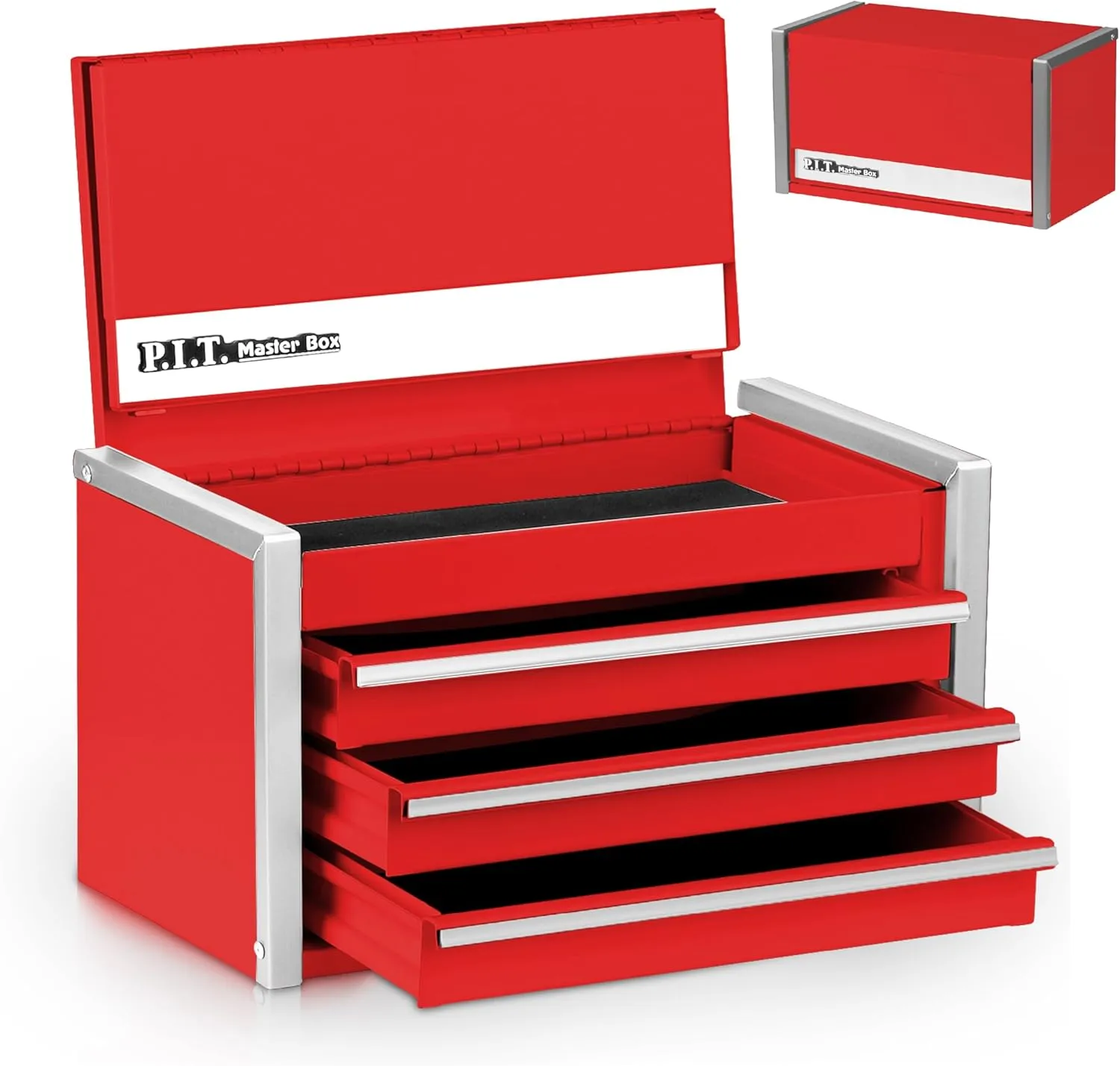 P.I.T. Mini Red Tool Box, Portable 3 Drawer Steel Stackable Tool Box with Magnetic Tab Locking, Red Micro Top Chest with Liner for Tools Storage and Organizers, Home DIY