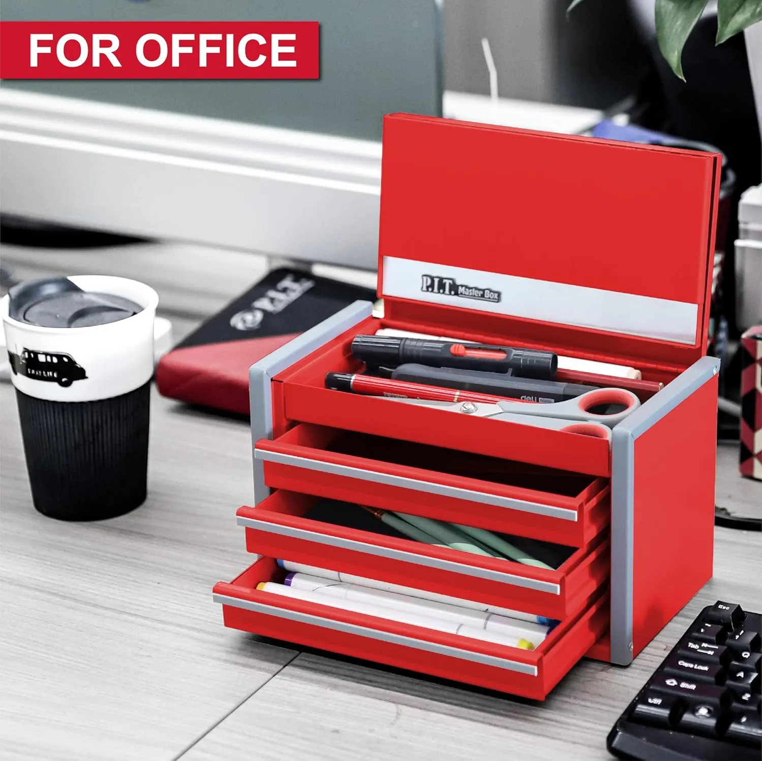 P.I.T. Mini Red Tool Box, Portable 3 Drawer Steel Stackable Tool Box with Magnetic Tab Locking, Red Micro Top Chest with Liner for Tools Storage and Organizers, Home DIY