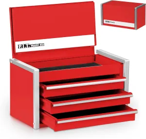 P.I.T. Mini Red Tool Box, Portable 3 Drawer Steel Stackable Tool Box with Magnetic Tab Locking, Red Micro Top Chest with Liner for Tools Storage and Organizers, Home DIY