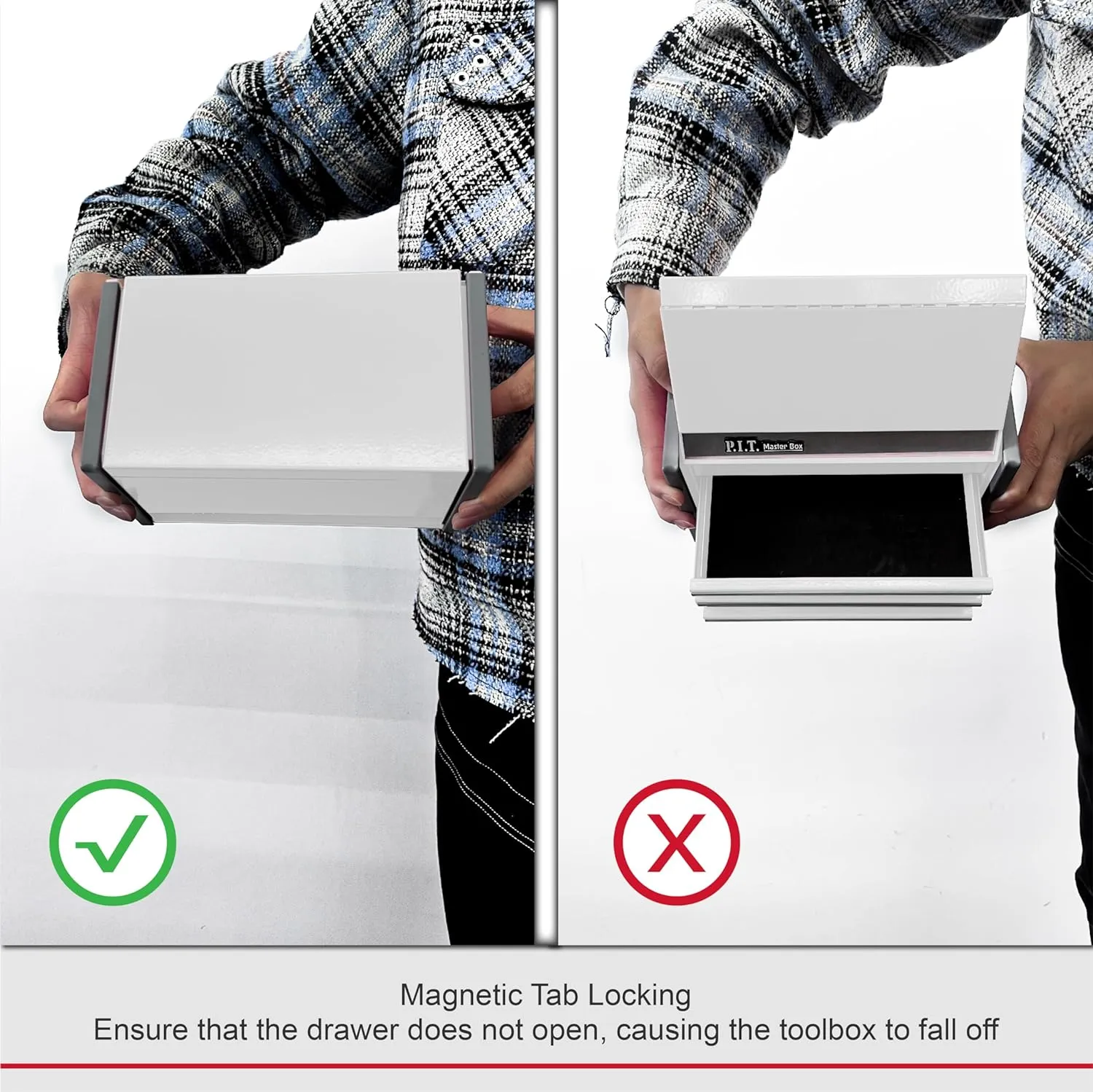 P.I.T. Mini White Tool Box, Portable 3 Drawer Steel Stackable Tool Box with Magnetic Tab Locking, White Micro Top Chest with Liner for Tools Storage and Organizers, Home DIY