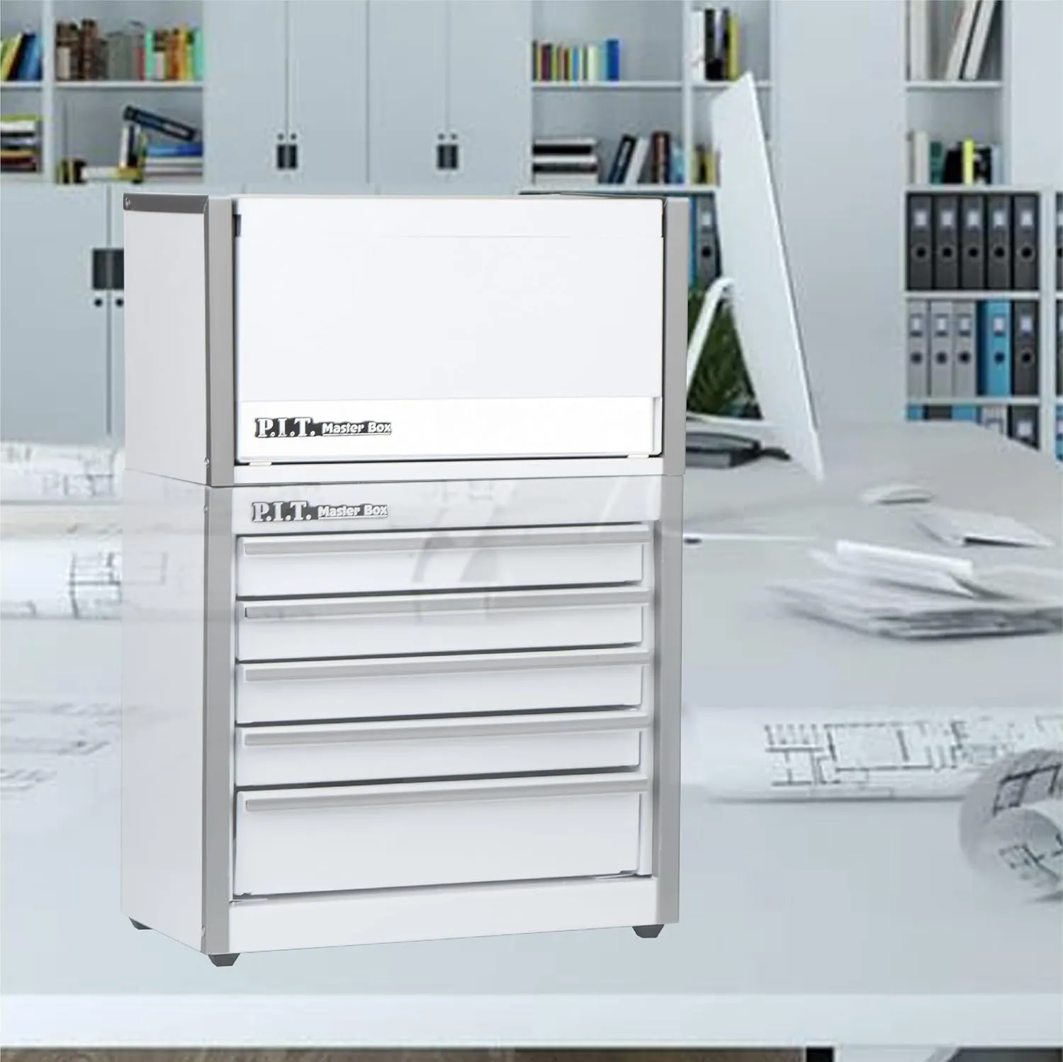 P.I.T. Mini White Tool Box, Portable 3 Drawer Steel Stackable Tool Box with Magnetic Tab Locking, White Micro Top Chest with Liner for Tools Storage and Organizers, Home DIY