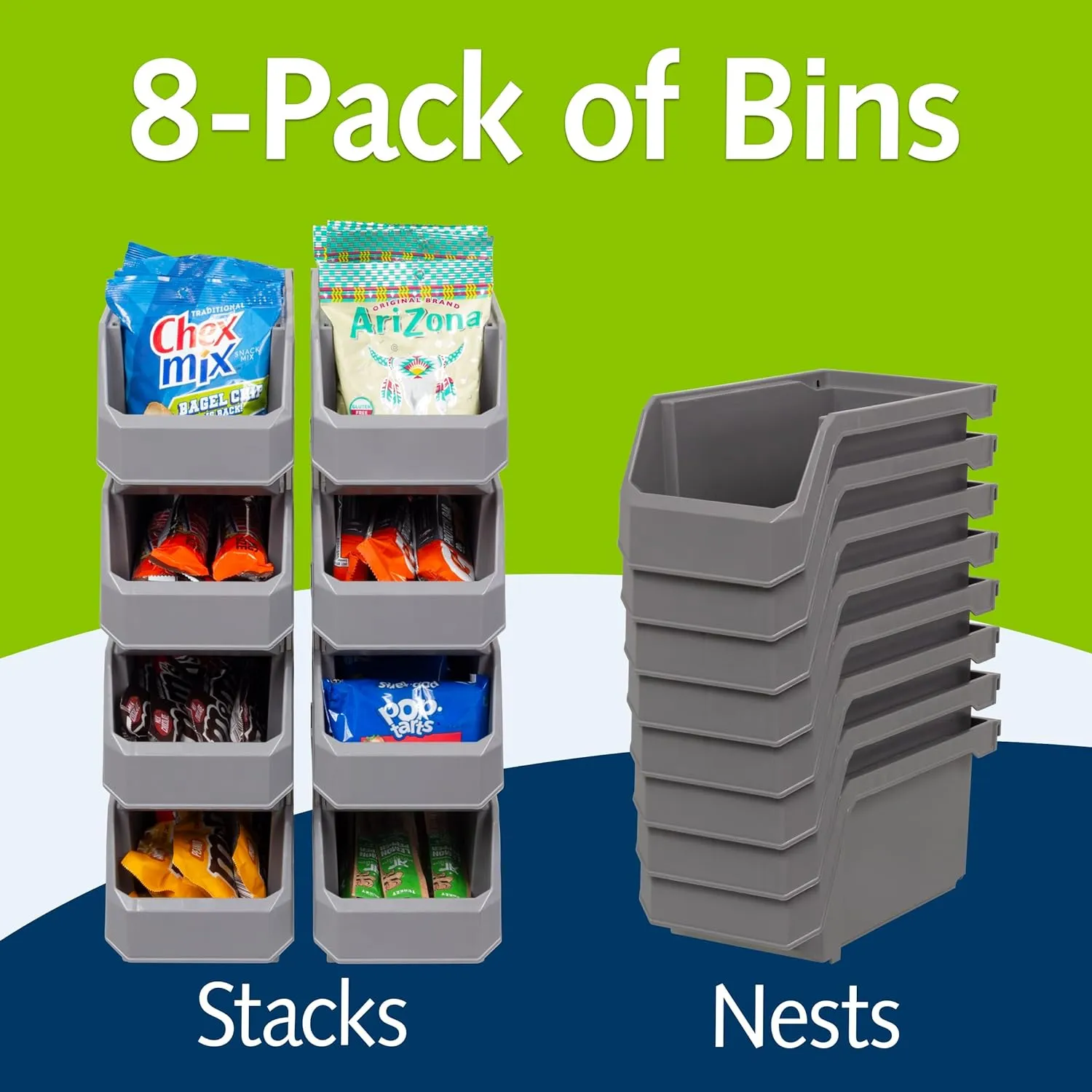 Plastic Containers for Organizing and Storage Bins for Closet, Kitchen, Office, Garage or Pantry Organization, Stackable Bins, Medium (11" x 5" x 5.5"), 8-Pack, Grey