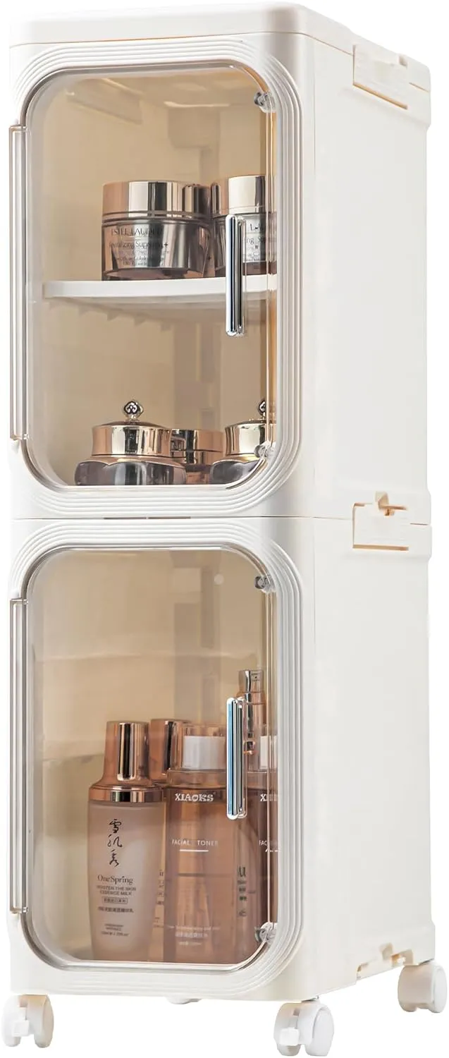 Plastic Storage Bins with Lids 56QT,2 Tier Stackable Folding Containers with Wheels,Collapsible Closet Organizers Narrow Storage Cabinet with Magnetic Clear Door For Small Space,Living Room,Dorm