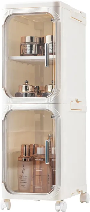 Plastic Storage Bins with Lids 56QT,2 Tier Stackable Folding Containers with Wheels,Collapsible Closet Organizers Narrow Storage Cabinet with Magnetic Clear Door For Small Space,Living Room,Dorm