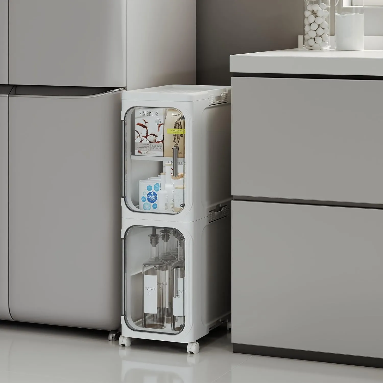 Plastic Storage Bins with Lids 56QT,2 Tier Stackable Folding Containers with Wheels,Collapsible Closet Organizers Narrow Storage Cabinet with Magnetic Clear Door For Small Space,Living Room,Dorm